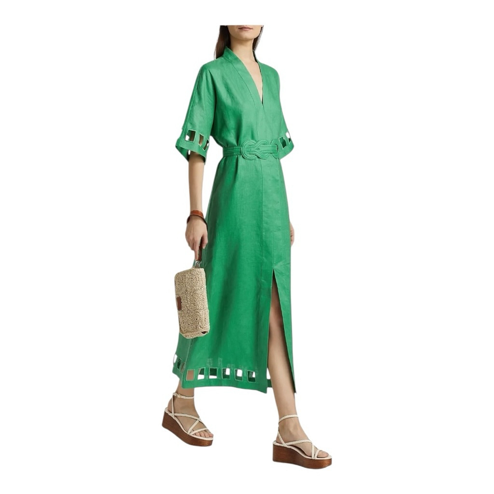 Women's Figue Adelaide Green Cut-Out Linen Midi Size L***. No belt - Picture 5 of 12